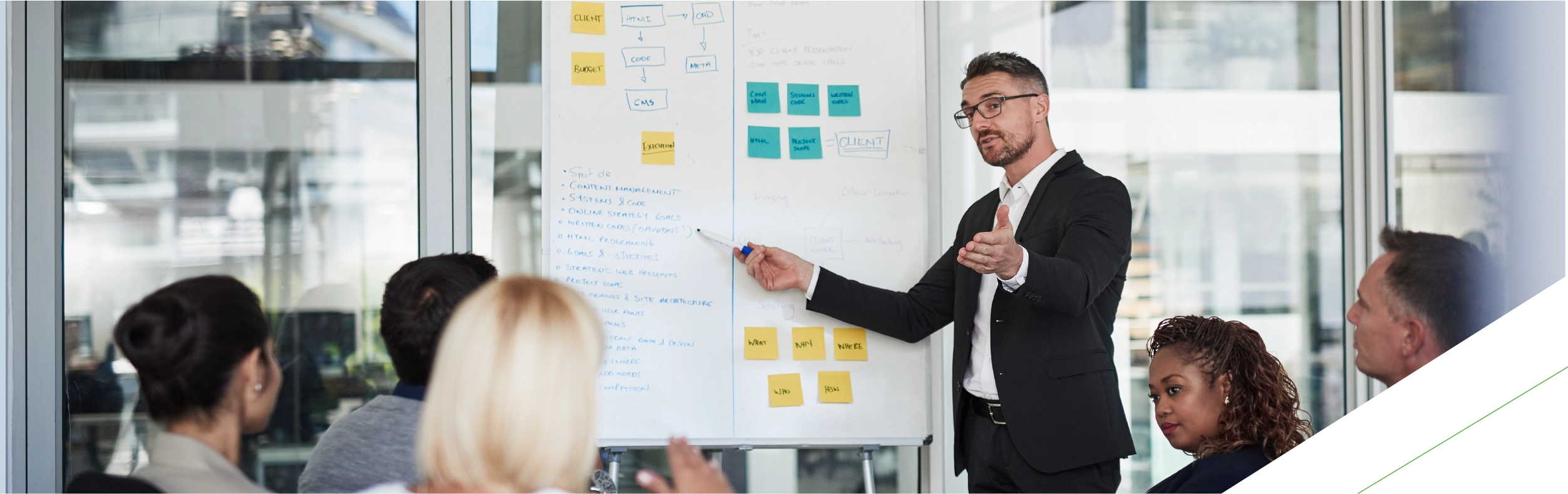 Ein Coach während einer Schulung zeigt etwas an einem Flißchart